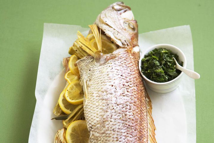 Cooking Fish Baked snapper with fennel and salsa verde