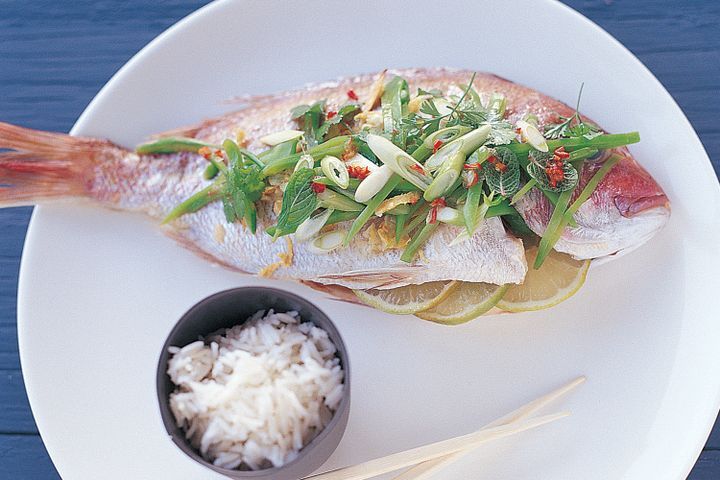 Cooking Fish Baked snapper with snow pea salad and lime dressing