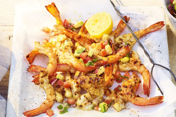 Cooking Fish Barbecued prawns with avocado pico de gallo