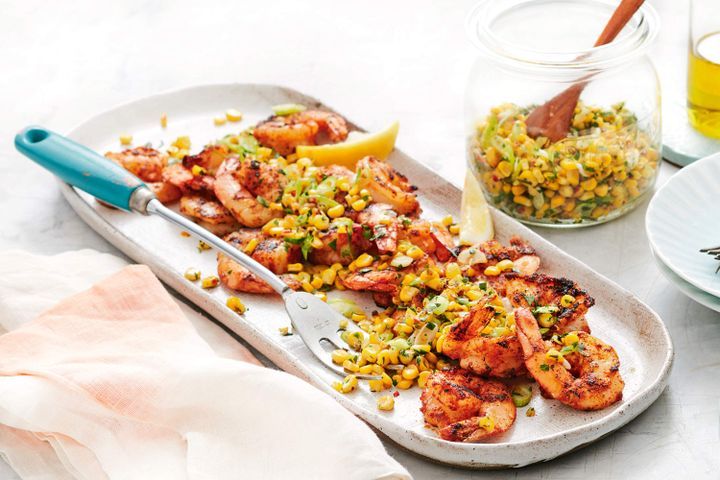 Cooking Fish Barbecued prawns with spicy corn relish