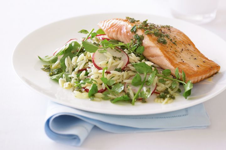 Cooking Fish Barbecued salmon with risoni, lemon and herb salad