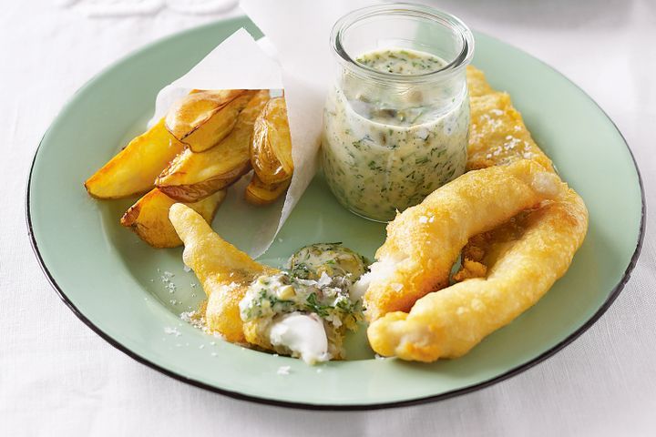 Cooking Fish Battered fish and potato wedges with lemon tartare sauce