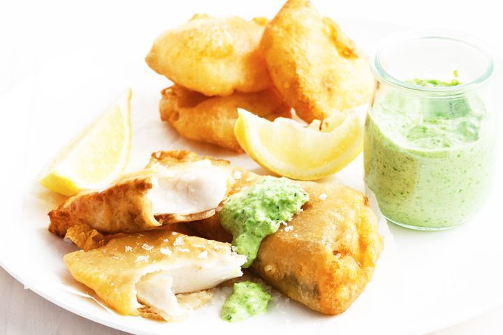 Cooking Fish Beer-battered barra and potato scallops with minted pea mayo