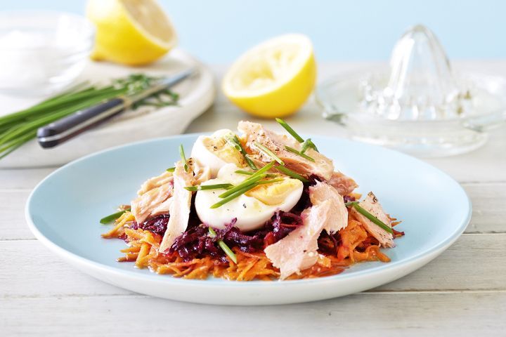 Cooking Fish Beetroot and carrot salad with salmon and egg