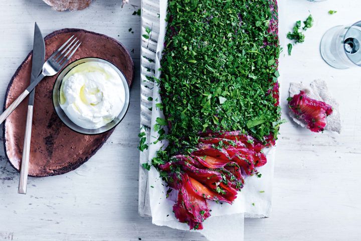 Cooking Fish Beetroot gravlax with goats curd