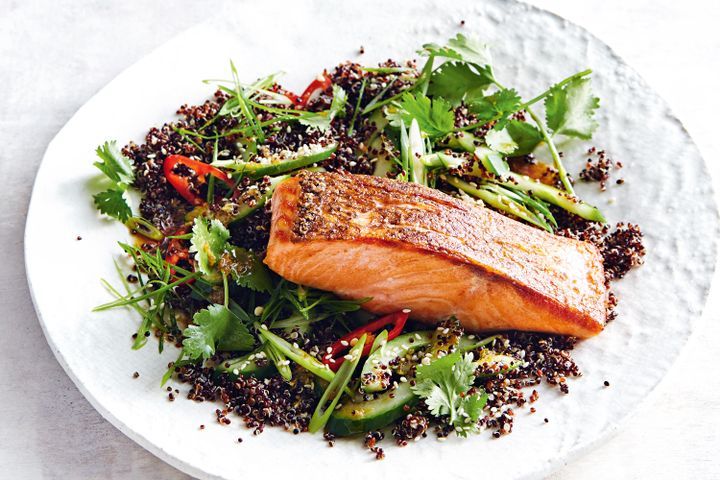 Cooking Fish Black quinoa and cucumber salad with crispy salmon