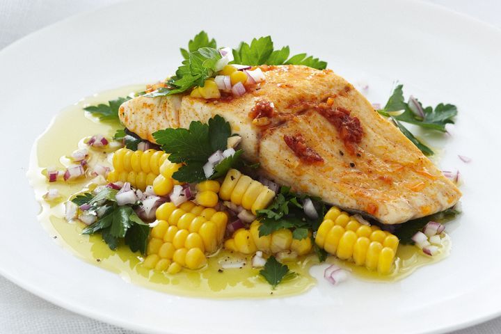 Cooking Fish Blue-eye travalla with parsley and corn salad
