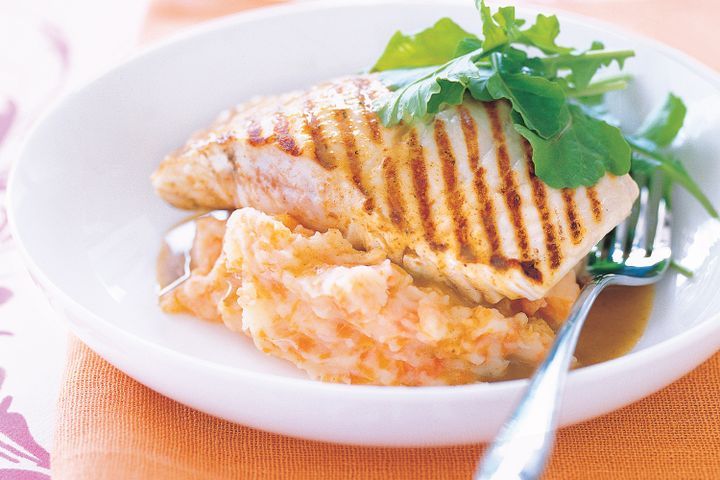 Cooking Fish Blue-eye trevalla with grapefruit butter sauce on carrot and ginger mash
