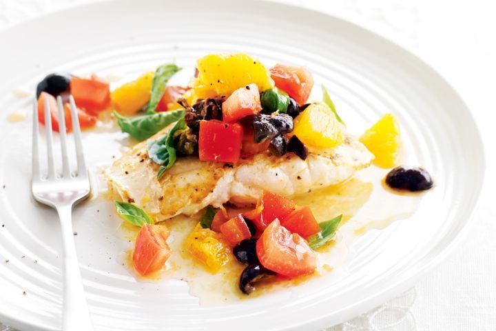 Cooking Fish Blue-eye with orange and olive salsa