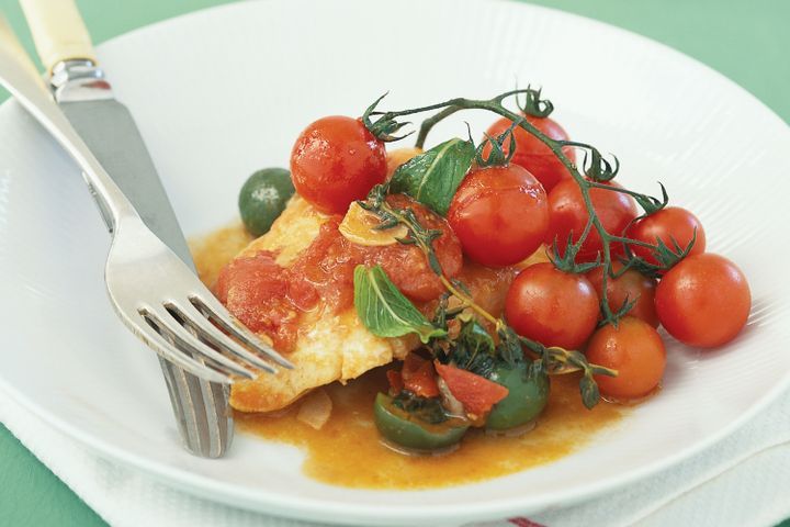 Cooking Fish Braised coral trout with tomatoes, mint and green olives