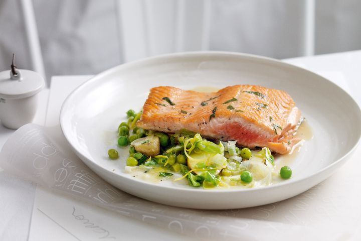 Cooking Fish Braised peas and lettuce with tarragon ocean trout