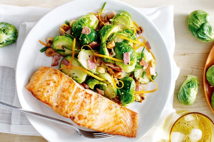 Cooking Fish Brussels sprouts with orange and hazelnuts