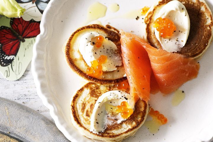 Cooking Fish Buckwheat pikelets with smoked salmon and dill