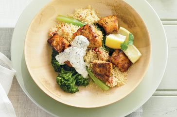 Cooking Fish Cajun-spiced salmon with couscous and minted yoghurt