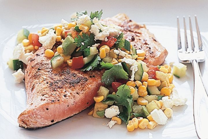 Cooking Fish Cajun salmon with sweet corn salsa