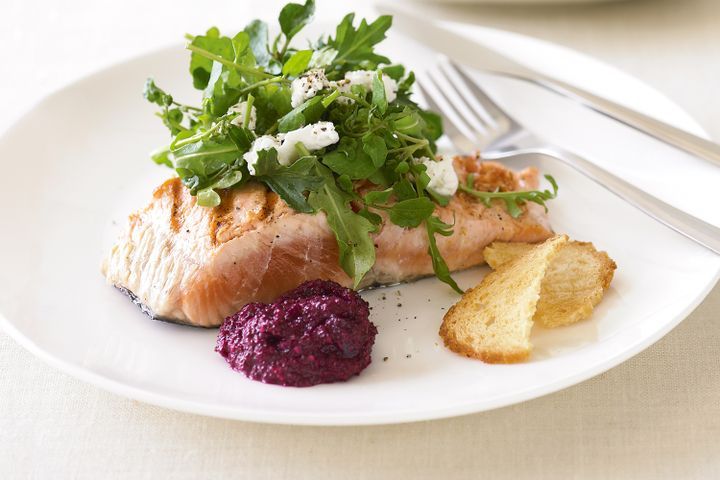 Cooking Fish Char-grilled salmon with beetroot and walnut sauce