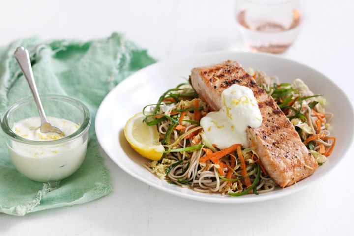 Cooking Fish Char-grilled salmon with soba noodle slaw and wasabi mayo