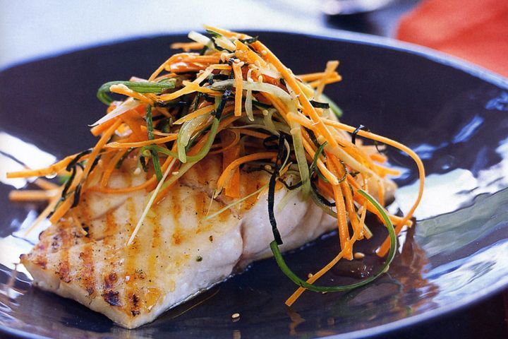 Cooking Fish Chargrilled fish with carrot salad and soy dressing