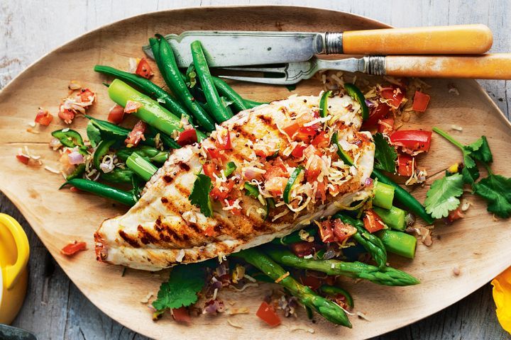 Cooking Fish Chargrilled fish with green chilli, coriander and coconut relish