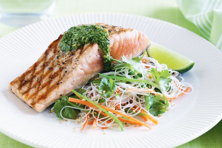 Cooking Fish Chargrilled salmon with coriander pesto and rice noodle salad