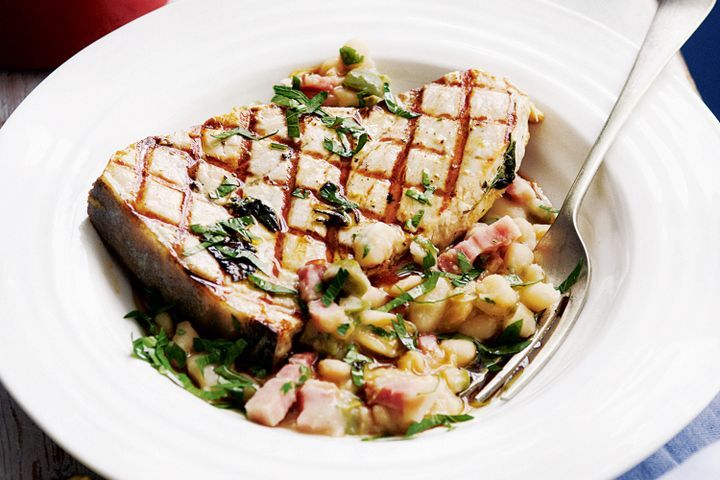 Cooking Fish Chargrilled swordfish with braised cannellini beans