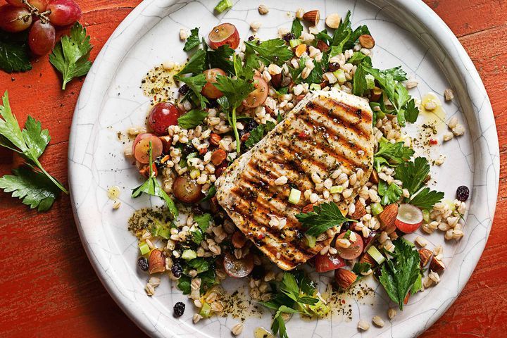 Cooking Fish Chargrilled swordfish with grape, almond & barley salad
