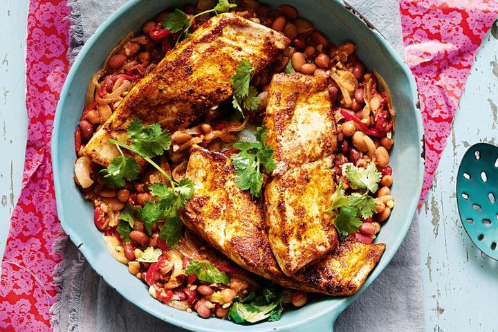 Cooking Fish Chermoula kingfish with Moroccan beans