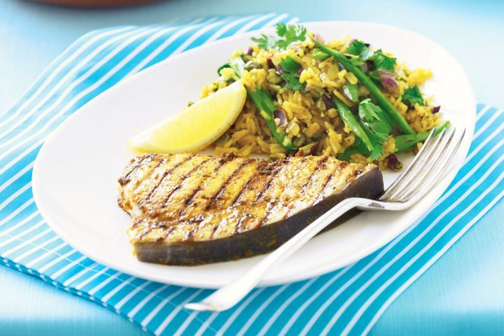 Cooking Fish Chermoula swordfish with pistachio and green bean pilaf