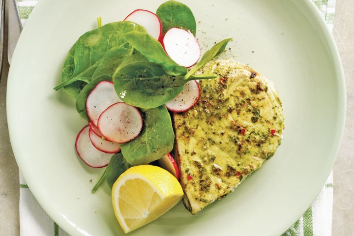 Cooking Fish Chermoula swordfish with spinach and radish salad