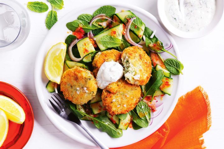 Cooking Fish Chilli and dill fish cakes with cucumber salad