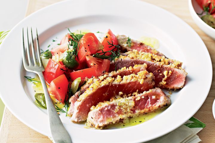 Cooking Fish Chilli & pine nut-crusted tuna with tomato and dill salad