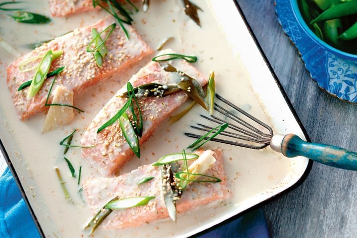 Cooking Fish Coconut-poached salmon with Asian greens