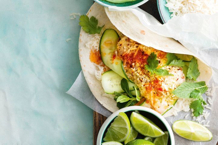 Cooking Fish Coconut and lime fish tacos with cucumber salad