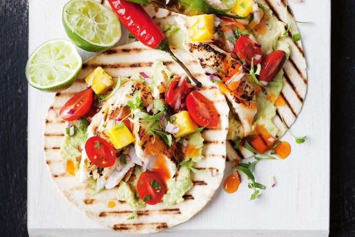 Cooking Fish Coconut fish tacos with mango salsa & blistered chillies