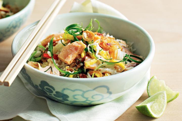 Cooking Fish Coconut rice with hot-smoked trout