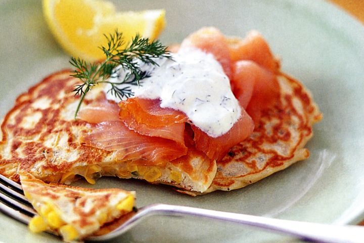 Cooking Fish Corn and chive pancakes with smoked salmon