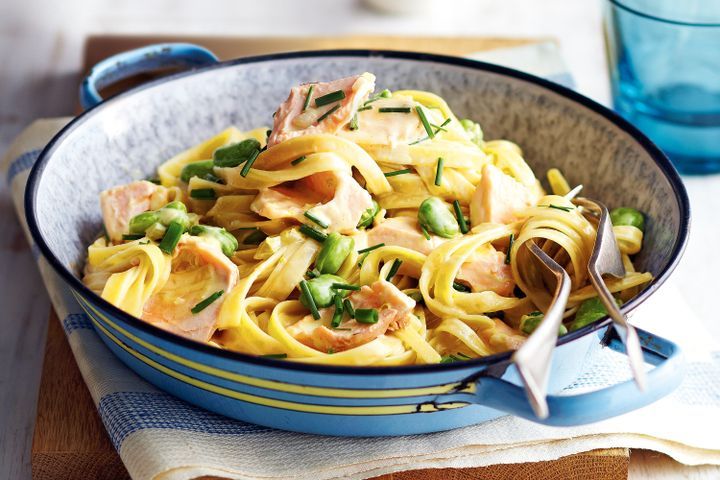 Cooking Fish Creamy salmon and broad bean fettuccine
