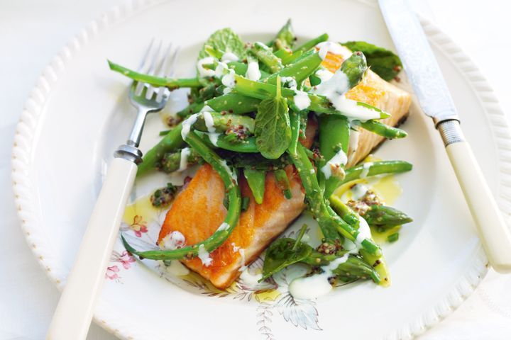 Cooking Fish Crisp-skinned salmon with mustard spring greens
