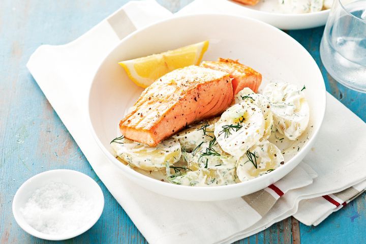 Cooking Fish Crispy-skinned salmon with potato and dill salad