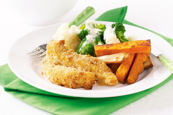 Cooking Fish Crumbed fish fingers and vegetable chips