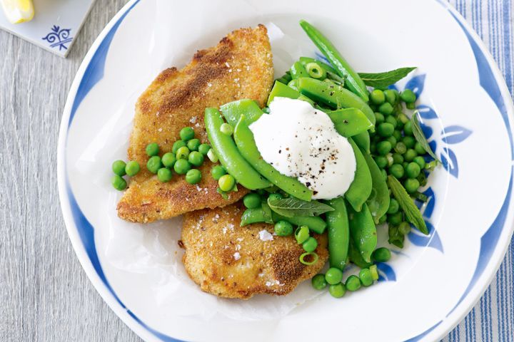 Cooking Fish Crumbed fish with minted pea salad