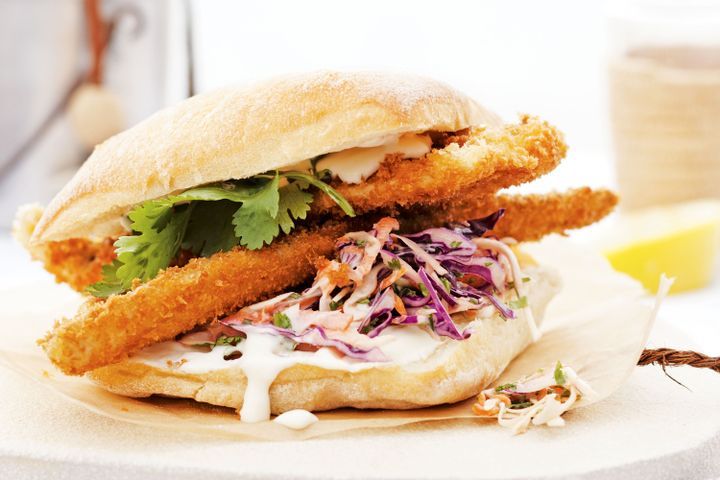 Cooking Fish Crumbed whiting burgers with cabbage slaw and coconut mayo