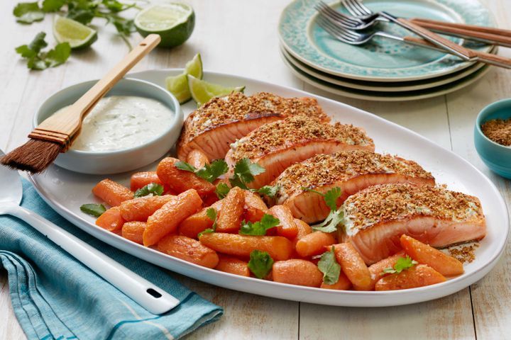 Cooking Fish Dukkah-spiced salmon with baby carrots and yoghurt