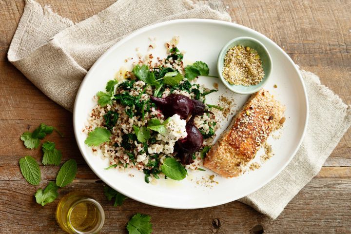 Cooking Fish Dukkah salmon on rice and quinoa with kale and beetroot