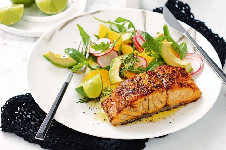 Cooking Fish Fennel and chilli-crusted fish with avocado and orange salad