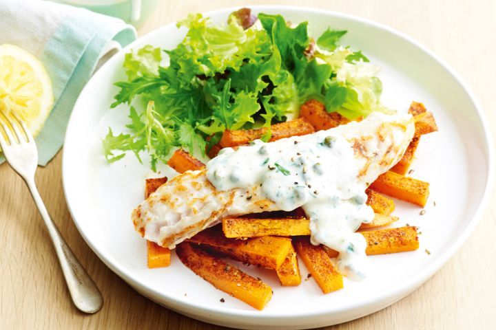 Cooking Fish Fish and chips with lemon-yoghurt dressing