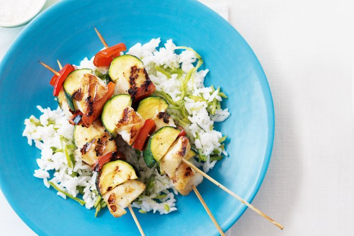 Cooking Fish Fish and vegetable skewers with coconut rice