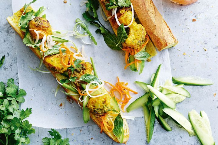 Cooking Fish Fish banh mi with quick pickled vegetables