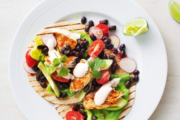 Cooking Fish Fish fajitas with black bean and avocado salsa