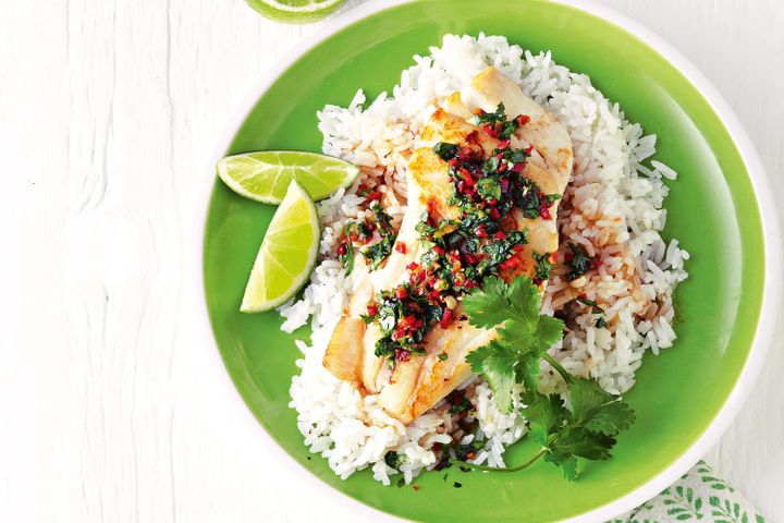 Cooking Fish Fish with coconut rice and lime and coriander gremolata